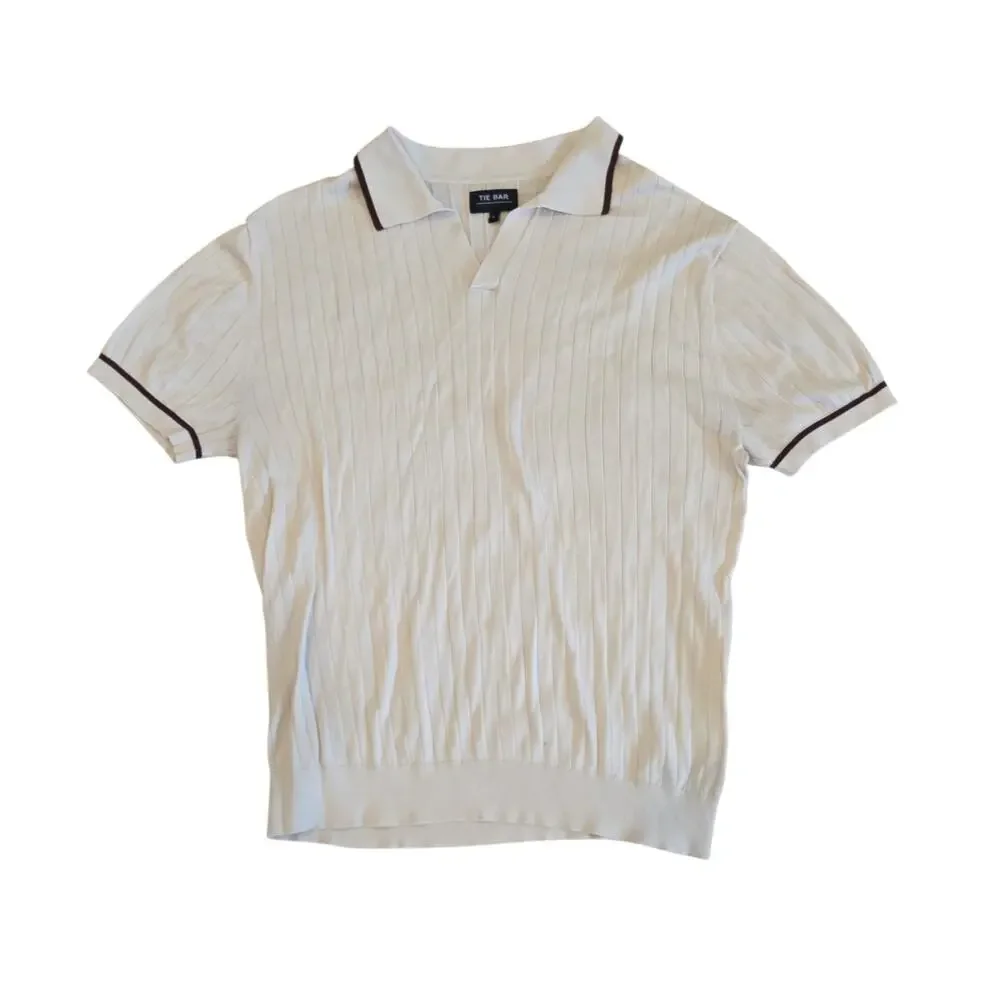 Tie Bar Ribbed Sweater Polo color is vintage Ivory, Mens Large - Picture 2 of 7
